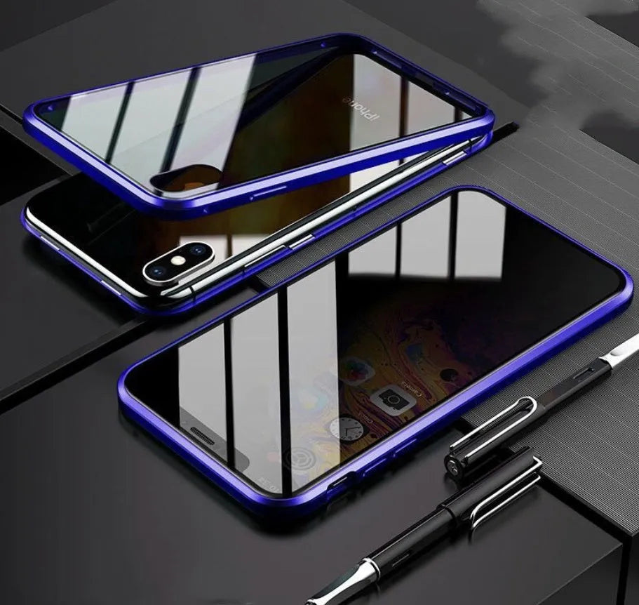 Closed clamshell anti-spy iPhone case in black showing tempered glass back and metallic Faraday cage interior.