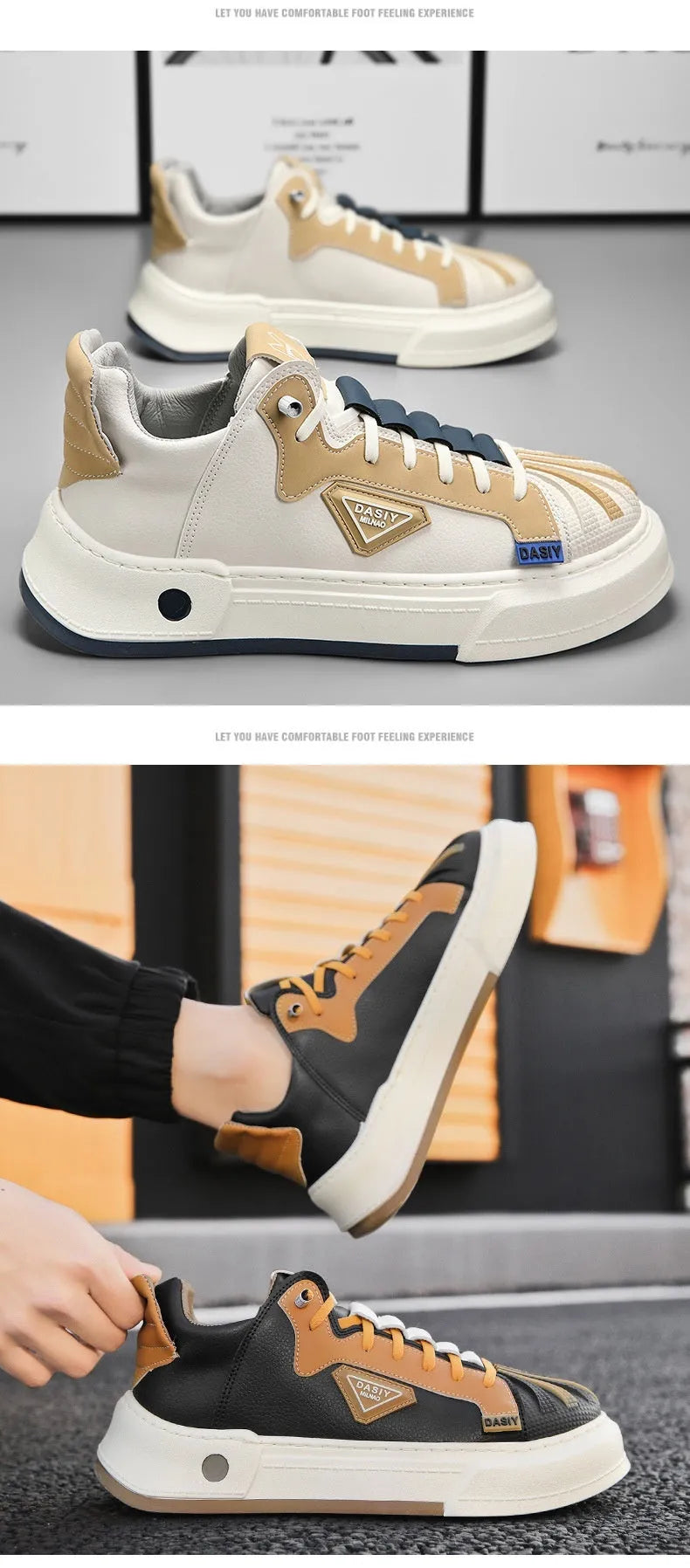 Men's beige low-top sneakers with elastic band and microfiber upper on a white background