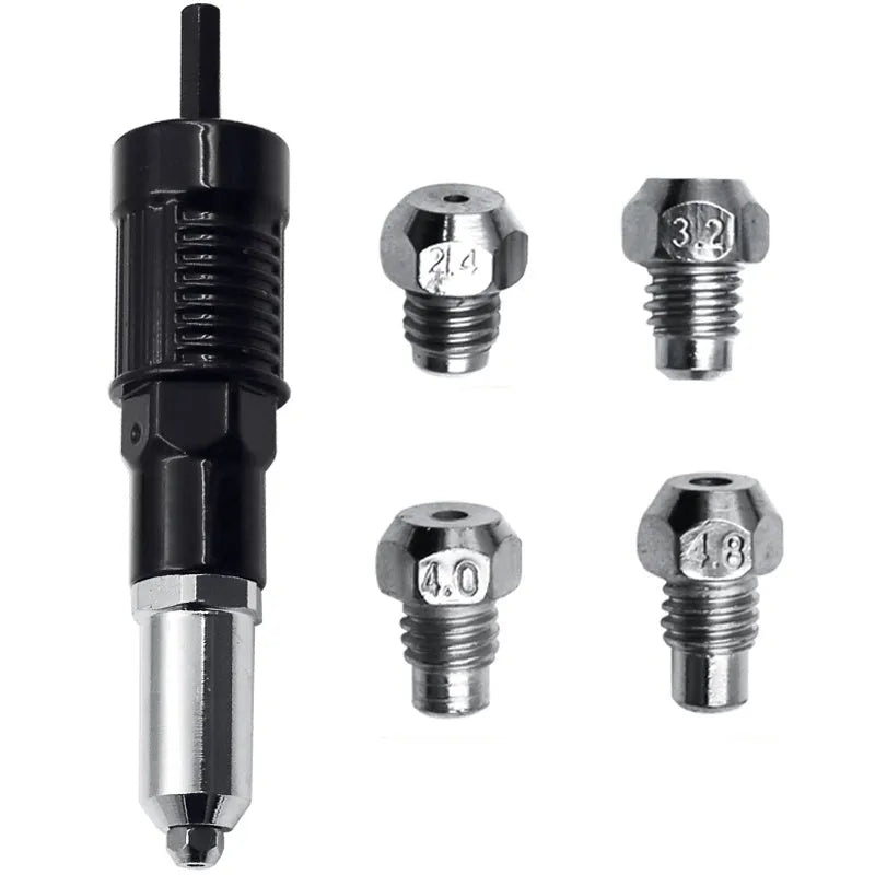 Black metal electric drill rivet gun attachment with wrench and four rivet heads.