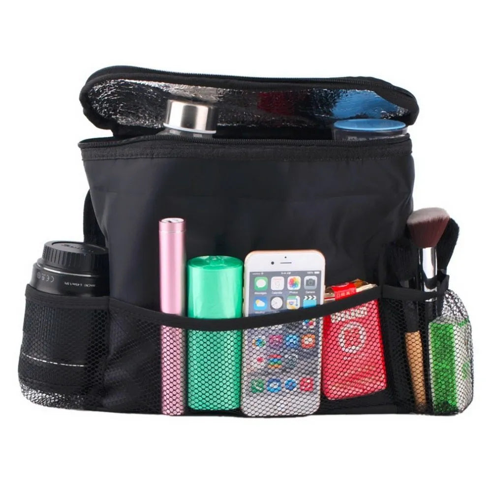 Universal car seat back multi-pocket storage organiser in black nylon with adjustable straps