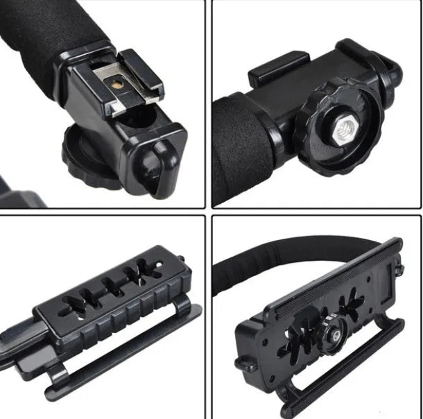Handheld camera stabiliser bracket with plastic handle and sponge grip for SLR cameras