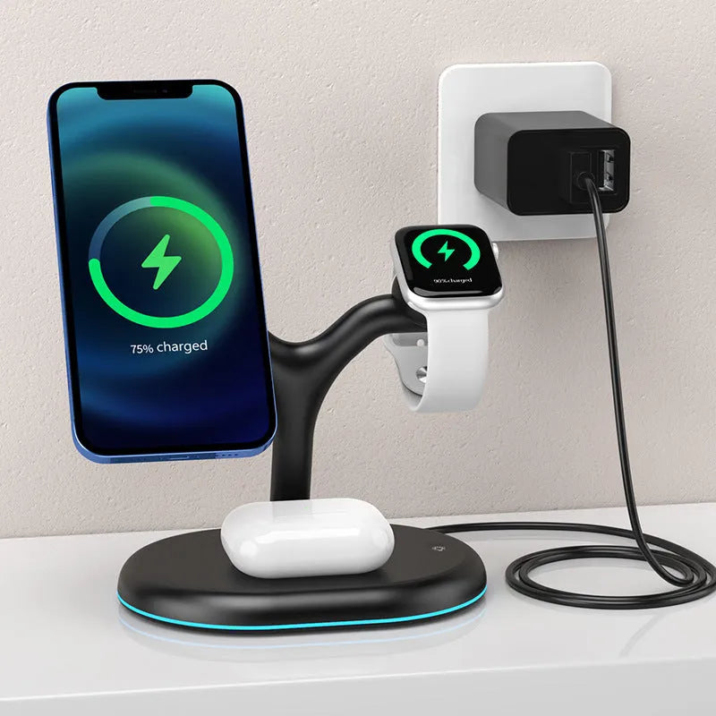 Black magnetic wireless charging stand with vertical phone holder and Type-C cable