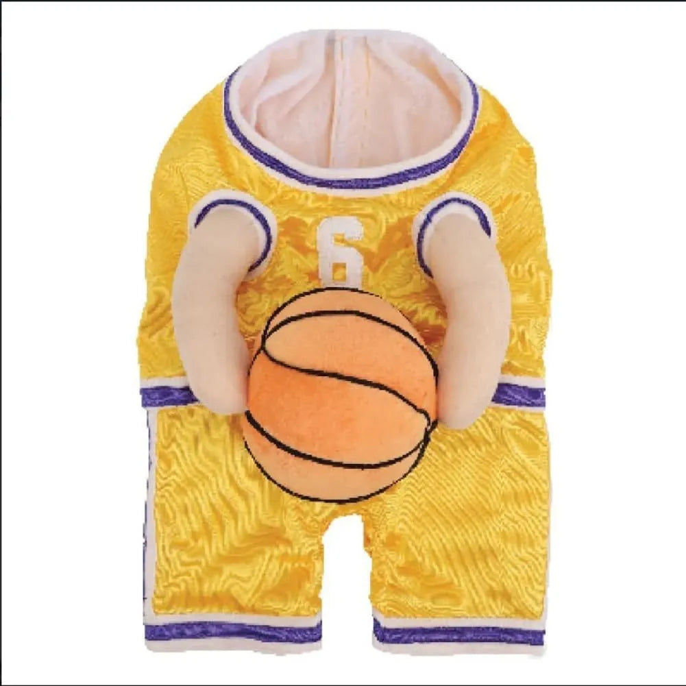 Dog wearing red basketball jersey costume with matching basketball ball accessory