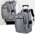 Large capacity drawbar Oxford cloth backpack in black with visible sewing thread, breathable back panel, and air pillow belt system