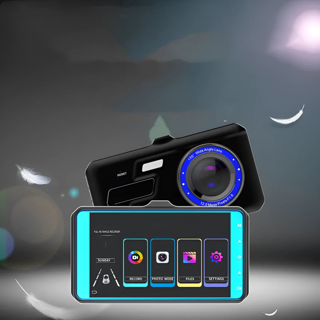 Black front and rear dual lens car dashboard camera with 4-inch touch screen display