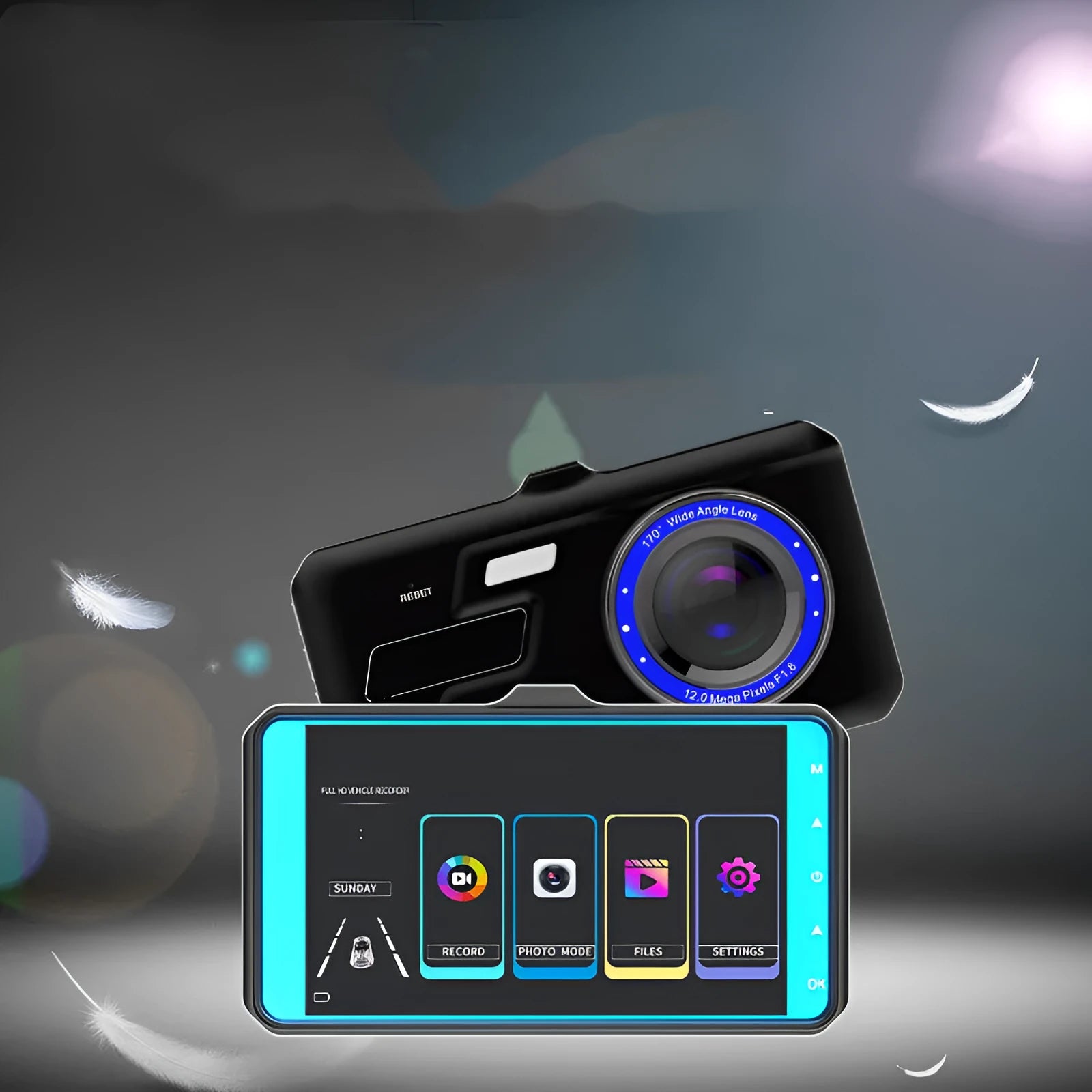 Black front and rear dual lens car dashboard camera with 4-inch touch screen display