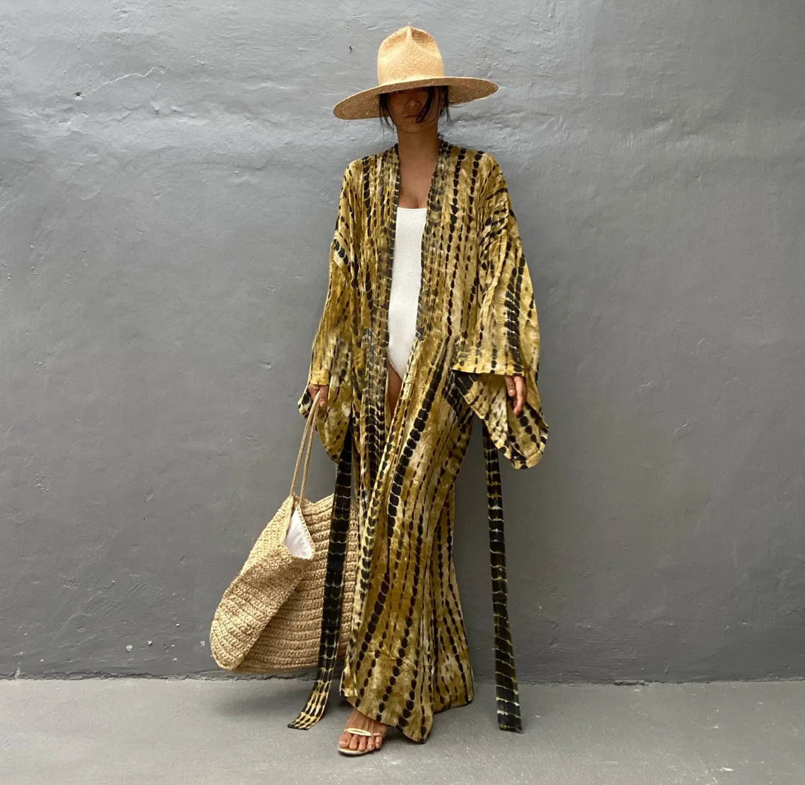 Loose printed cotton beach cover-up shirt in a DN0712 colour, shown as a long-sleeved blouse.