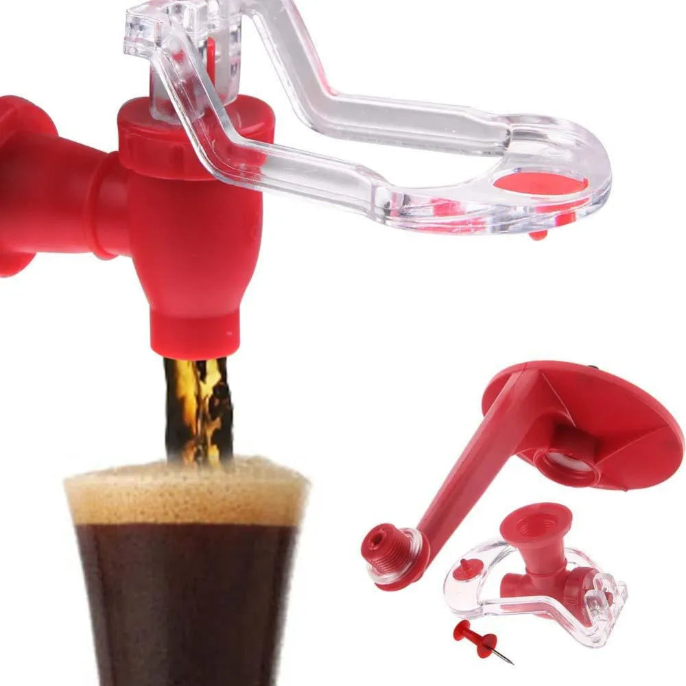 Red plastic Magic Tap soda drink dispenser attached to an inverted 2-litre bottle.