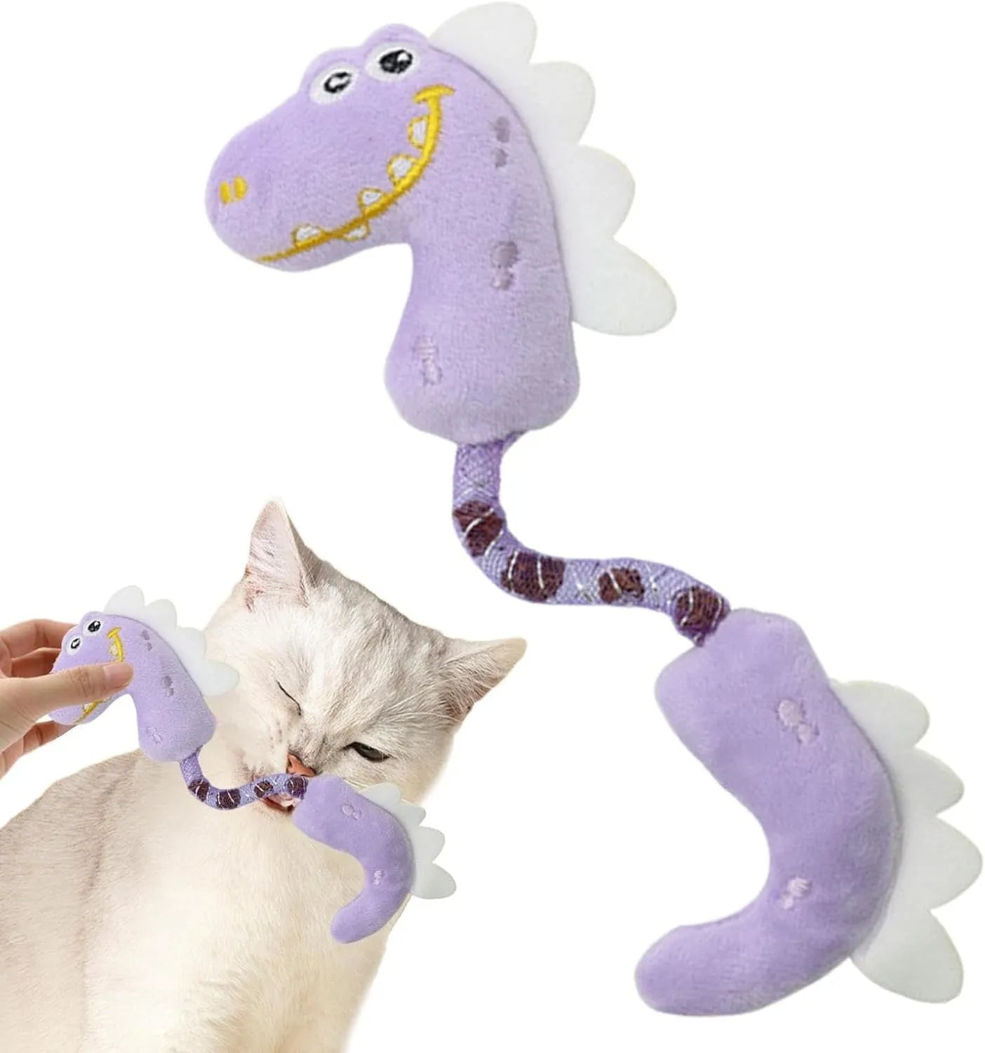 Four interactive cat toys including catnip rope, springs, plush mouse, fish, and bunny on white background