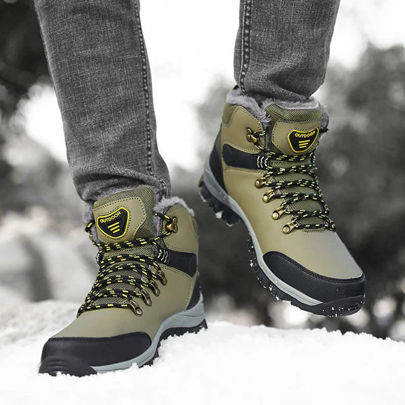 Men's winter snow boots in black, grey, or khaki with plush lining, lace-up front, and TPR sole.