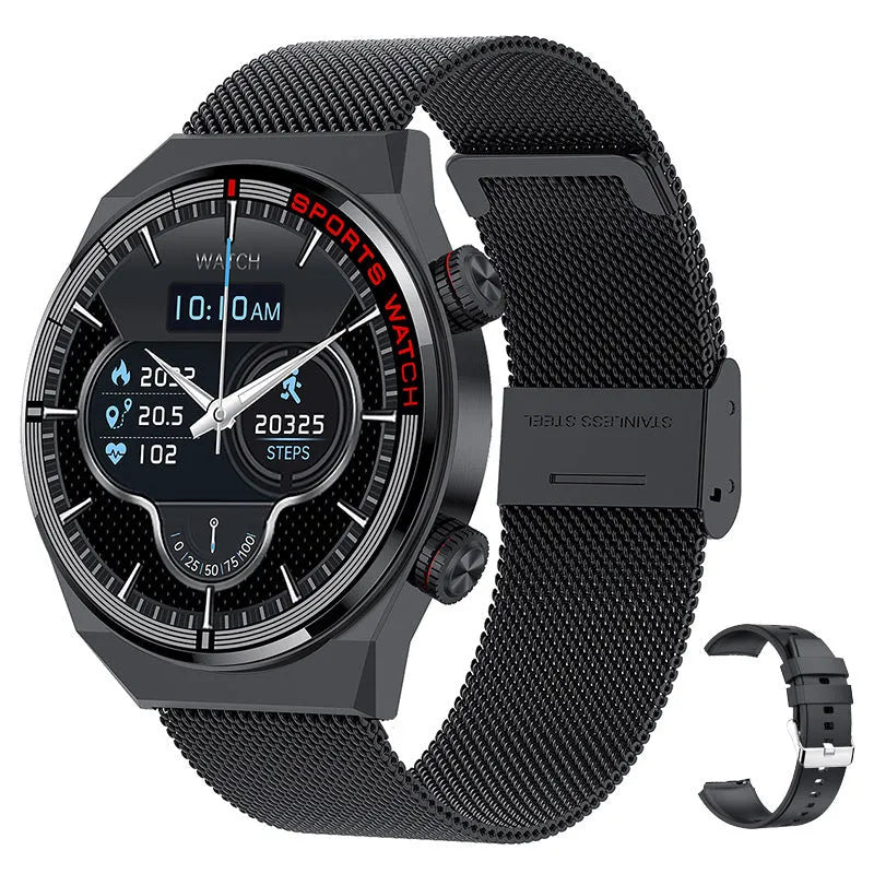Rotary key Bluetooth smartwatch with touch screen on a genuine leather strap, showing call and fitness tracking interface.