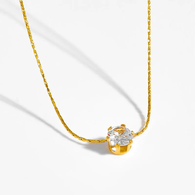 Gold plated 18K titanium steel six-claw round zircon pendant necklace with bamboo chain for women