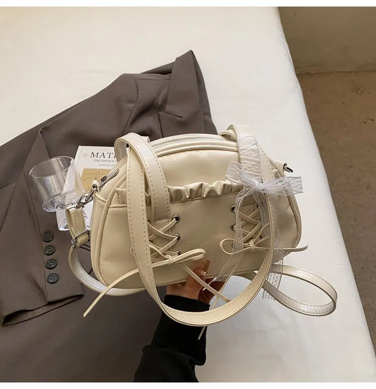 Women's bandage bow PU leather shoulder handbag with mobile phone pocket in milky white
