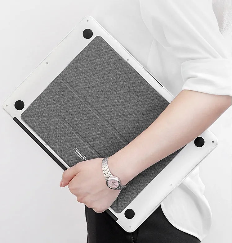 Blue foldable laptop cooling stand with anti-slip surface, shown open and closed, next to a laptop.