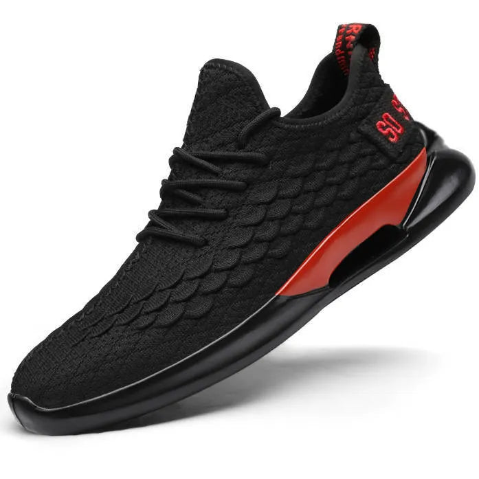 Casual breathable running shoes with mesh upper, lace-up, low-top square heel, black and white colourway