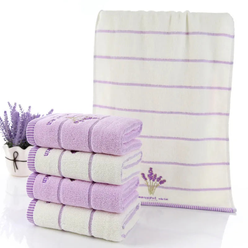 Pure cotton face washing towel with 32 strand embroidery, 34x74cm, in green or purple, soft and absorbent for fitness, travel, and home.