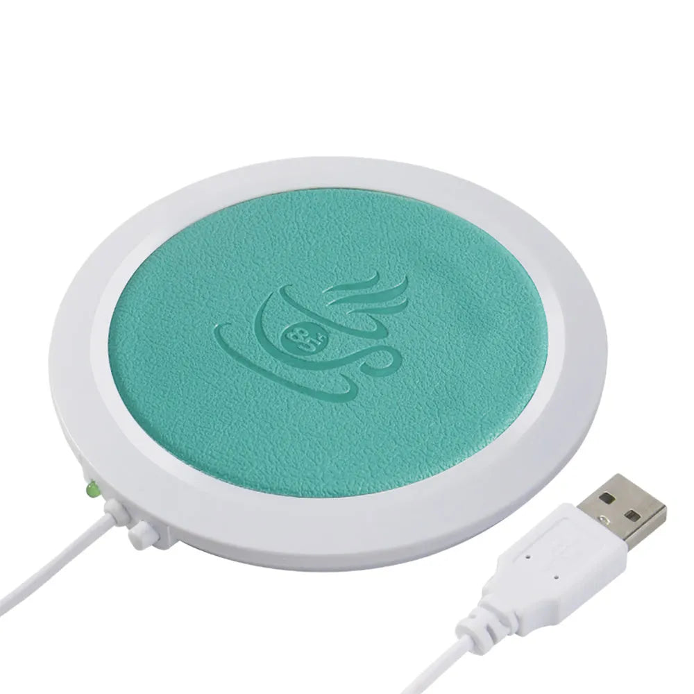 USB-powered insulated heating coaster for mugs in black, blue and orange colours
