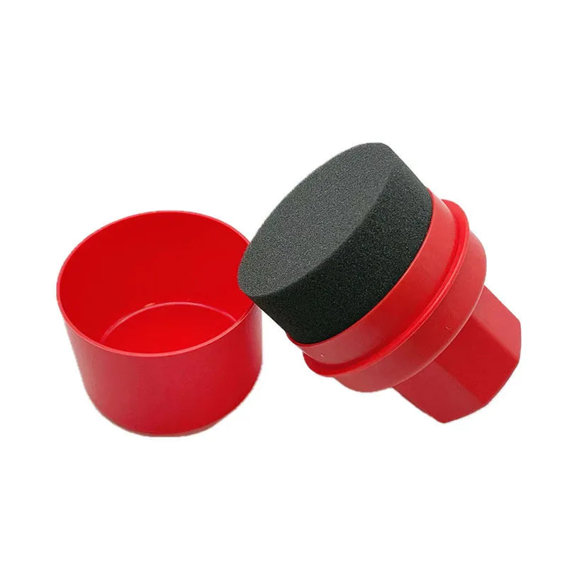 Black car tyre polishing sponge brush with snap-on lid, showing high-density foam head and polypropylene handle.