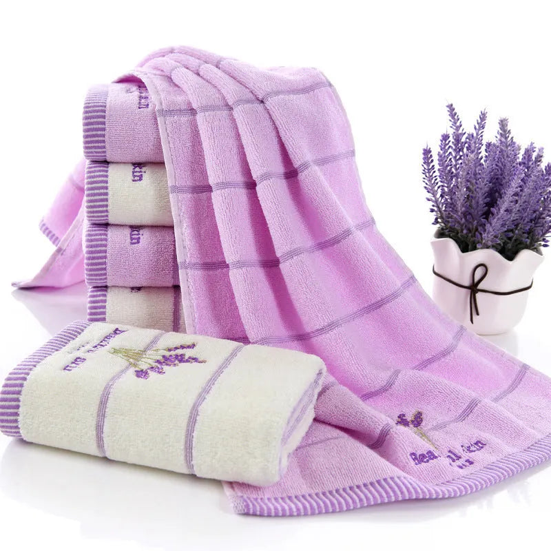 Pure cotton face washing towel with 32 strand embroidery, 34x74cm, in green or purple, soft and absorbent for fitness, travel, and home.