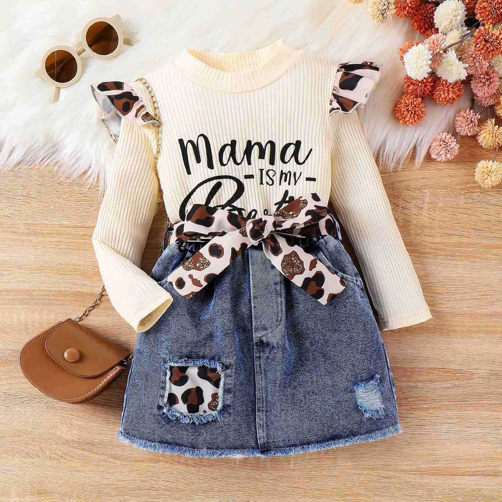 Girls' three-piece skirt suit in apricot with sunken stripe letter jacket and leopard patch denim skirt, sizes 4Y-7Y.