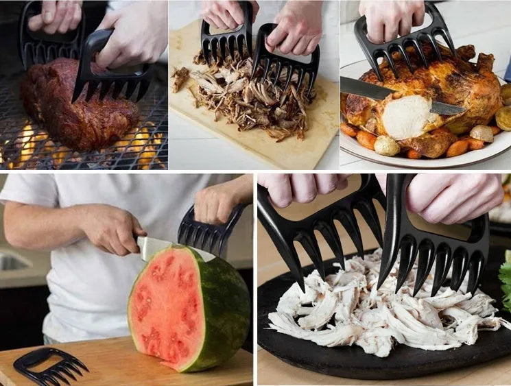 Black bear claw meat shredder set with patterned handles for barbecue preparation