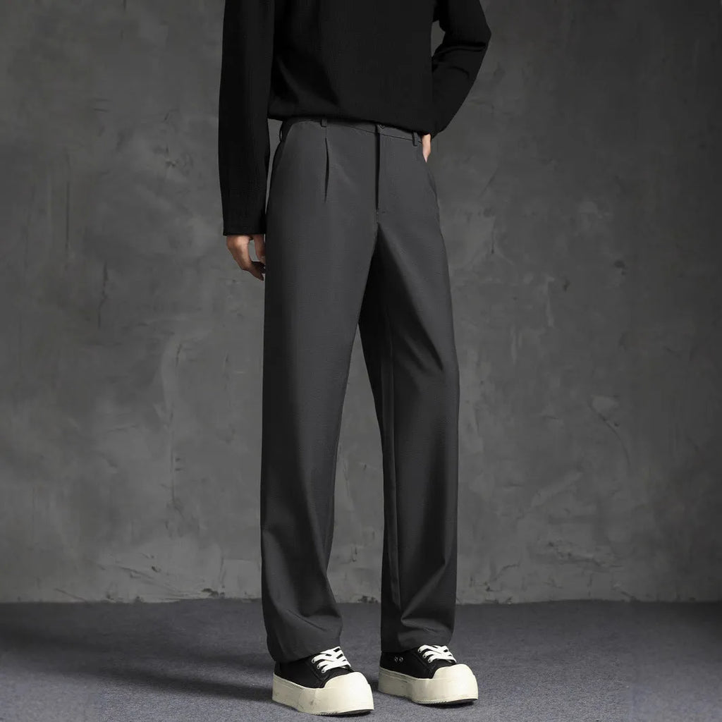 Black loose straight-leg casual suit trousers in polyester with mid waist and button fly, sizes S to 5XL