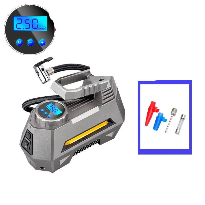 Multi-function car tyre inflator with digital display, LED flashlight, and 10-foot power cord on a tyre