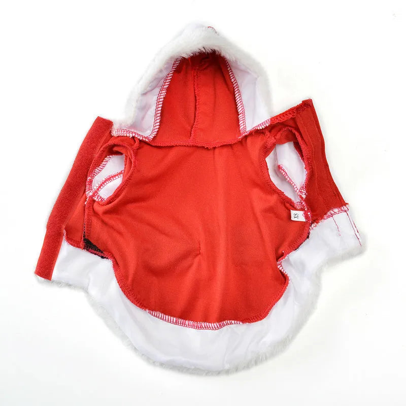 Red dog Christmas costume with faux fur trim shown on a dog, available in sizes XS to L with measured back lengths.