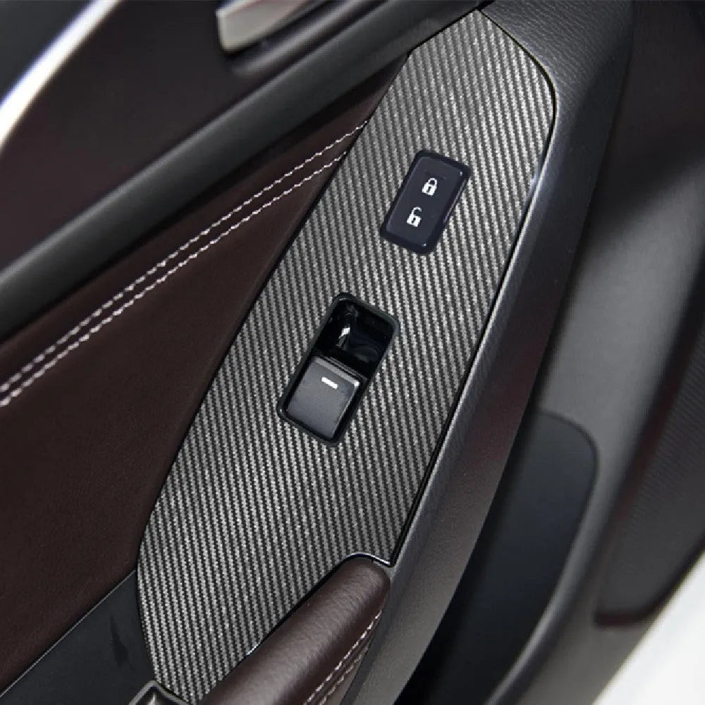 TPU protective films for car door control panel switches in transparent, carbon fibre black, and matte black finishes