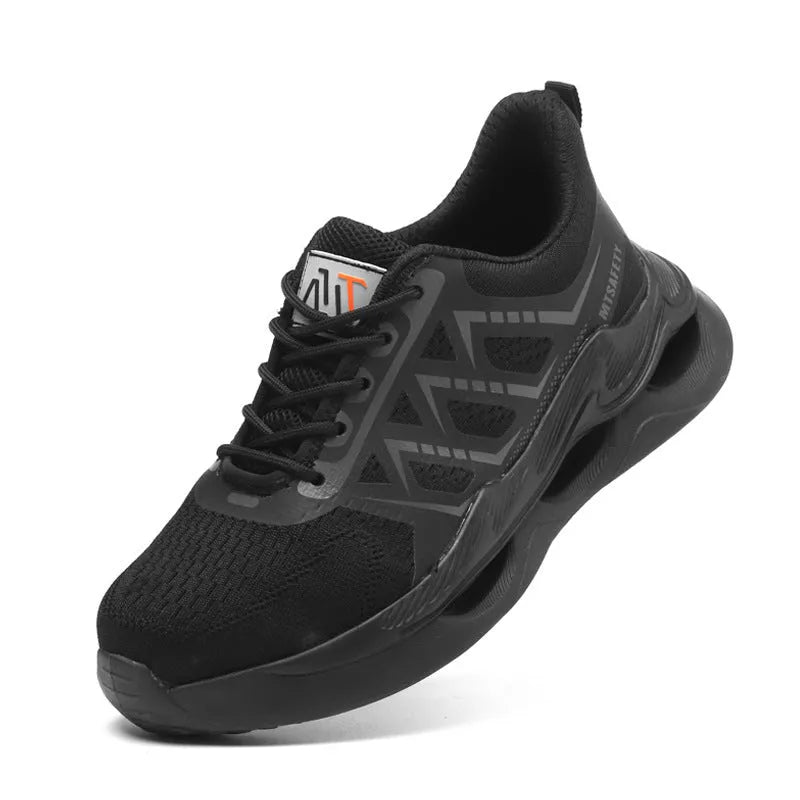 Black low-top steel toe cap safety work shoes with flat knitted uppers and lace-up front.