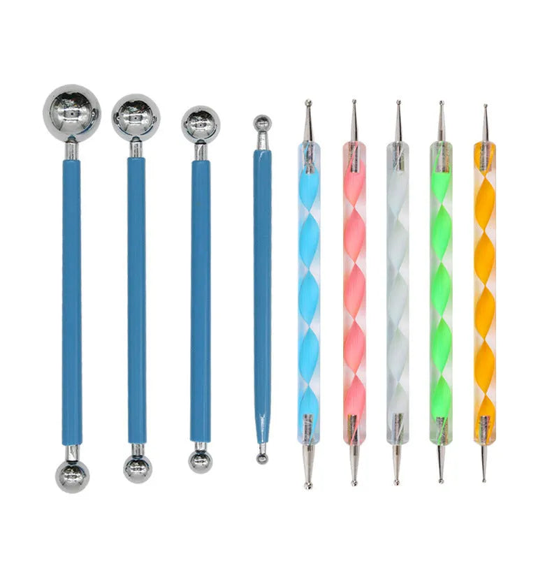 Pottery tool set with acrylic, stainless steel and plastic tools in blue pen bag packaging