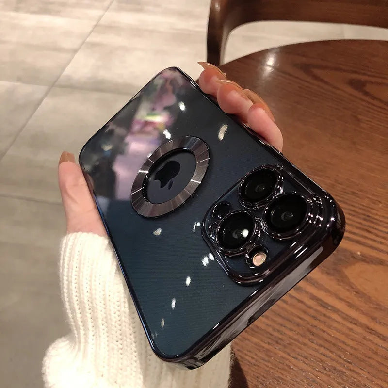 Transparent electroplated silicone iPhone case showing integrated camera lens protector and precise button cutouts