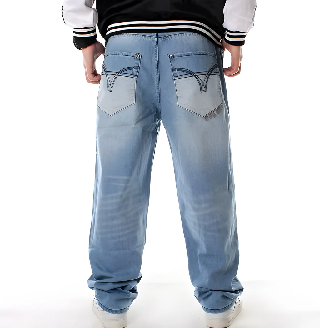 GAME TIME men's hip-hop jeans in light blue, loose straight leg cut, plus size, cotton with embroidery and wash detail