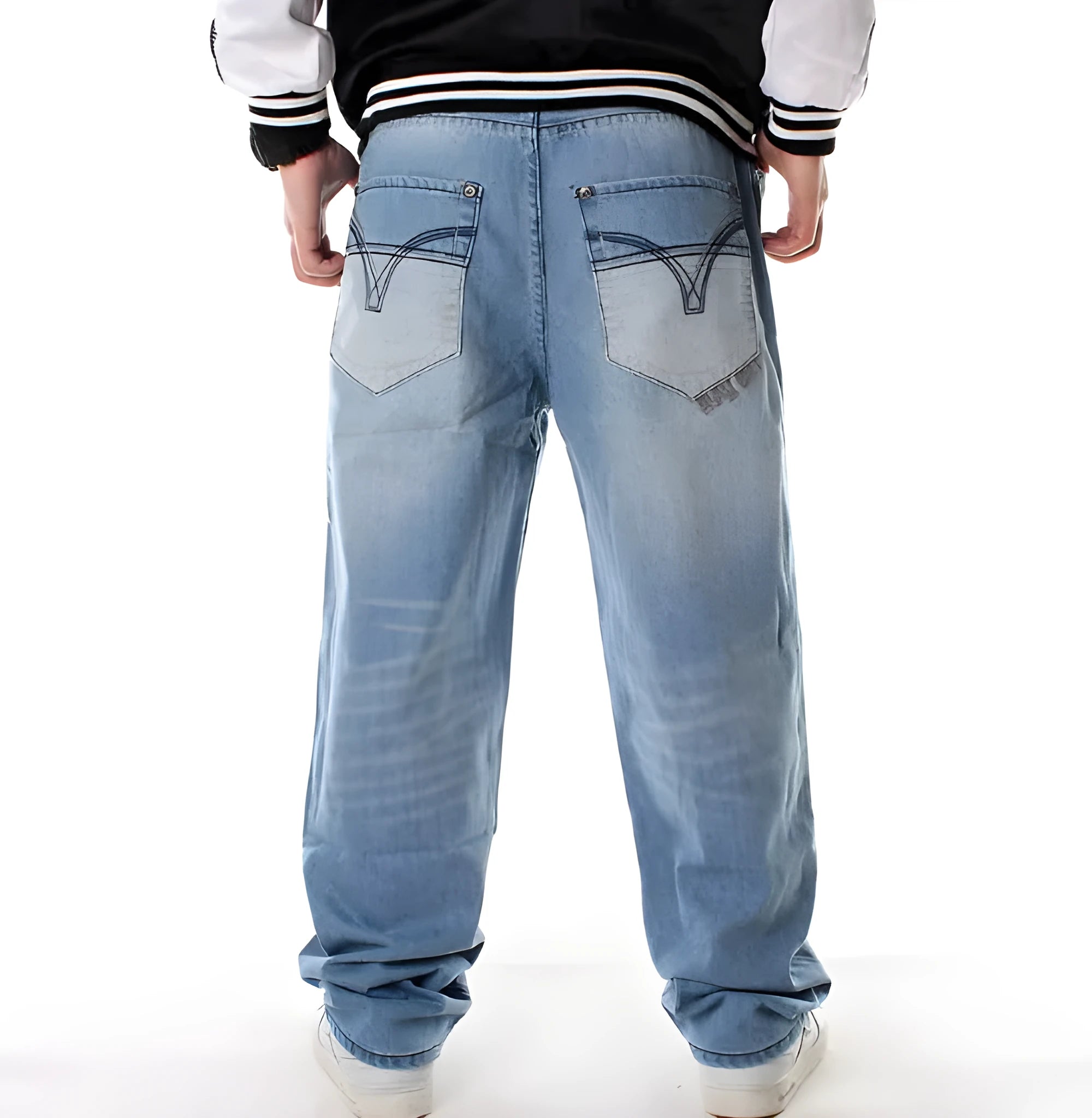 GAME TIME men's hip-hop jeans in light blue, loose straight leg cut, plus size, cotton with embroidery and wash detail