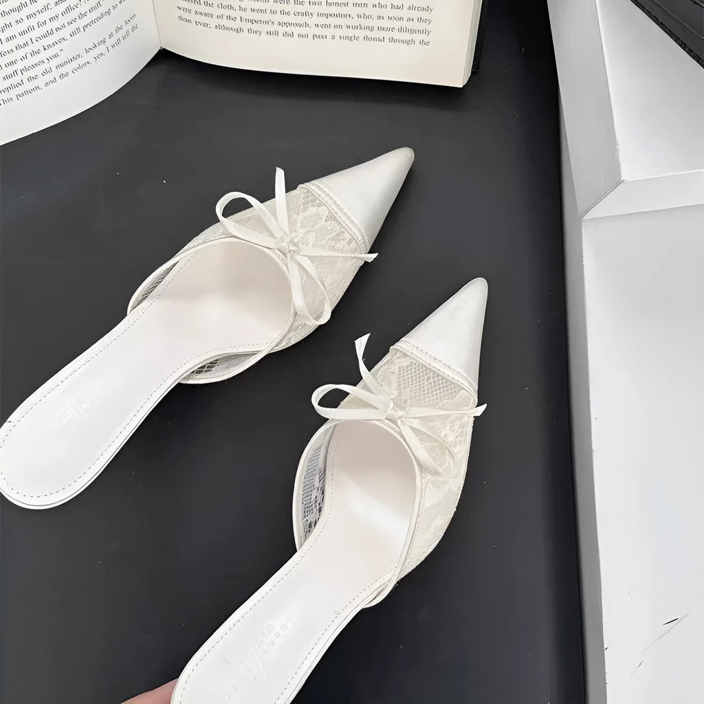 Women's lace pointed toe high heels with bowknot detail in light brown colour