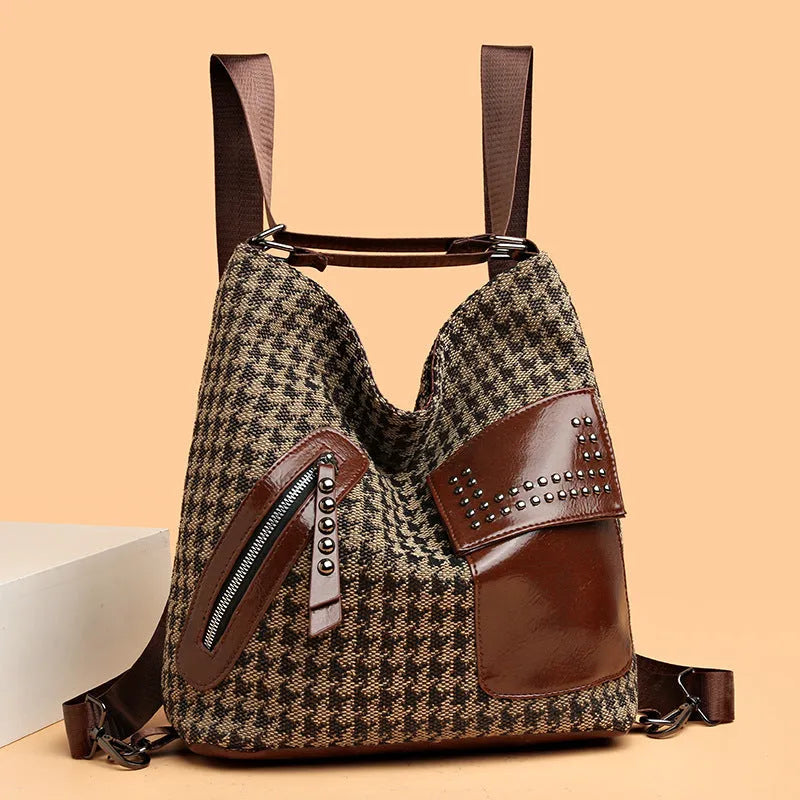Medium houndstooth nylon backpack for women with rivet design and zipper opening in Leopard Pattern