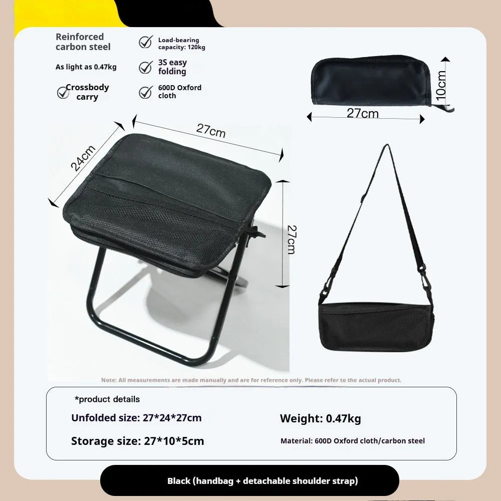 Lightweight foldable camp stool in khaki colour, shown folded flat in pencil box style.