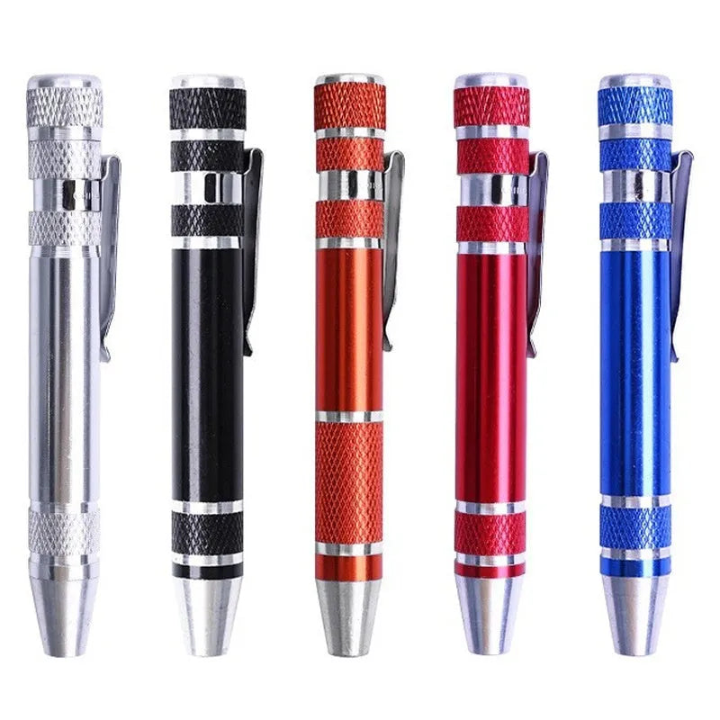 Aluminium alloy pen-type 8-in-1 screwdriver set in assorted colours with chrome vanadium steel shaft.