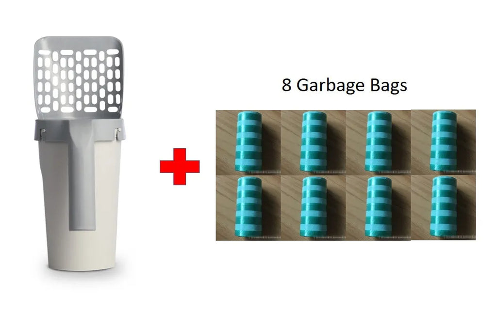 Integrated cat litter shovel set in advanced grey, PP plastic, 20 x 12 x 29cm, with storage box and litter bag option