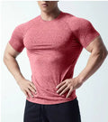 Men's black quick-dry stretch short sleeve running t-shirt on a hanger.
