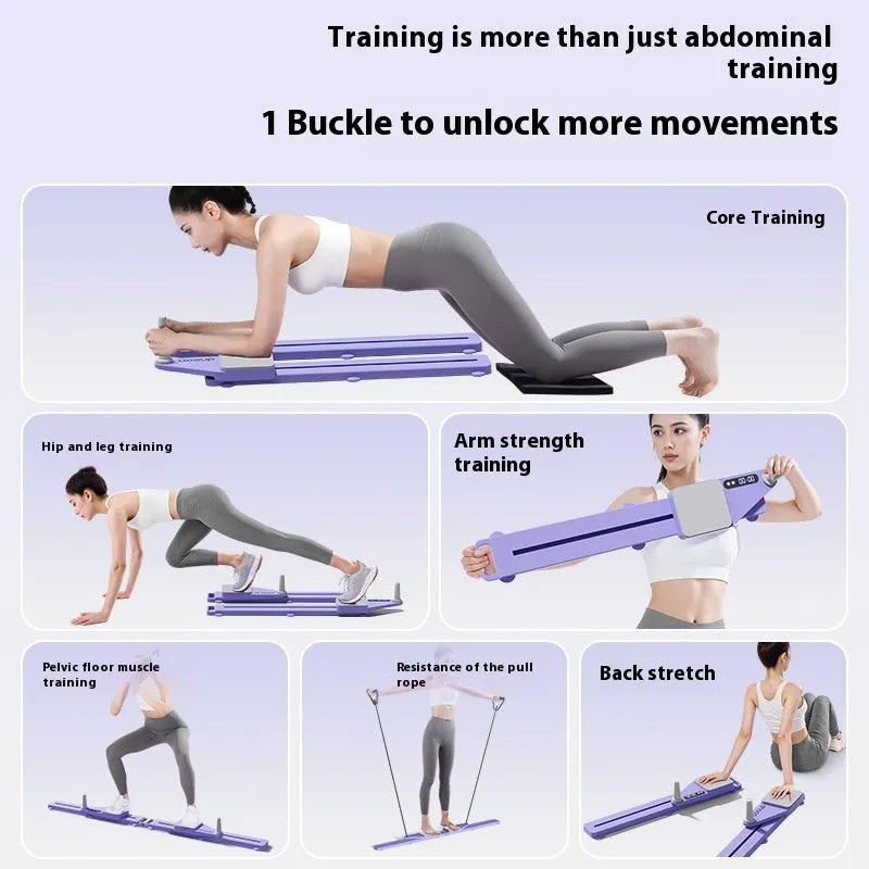 Split multifunctional skiing machine trainer, a long purple fitness board on a home floor.