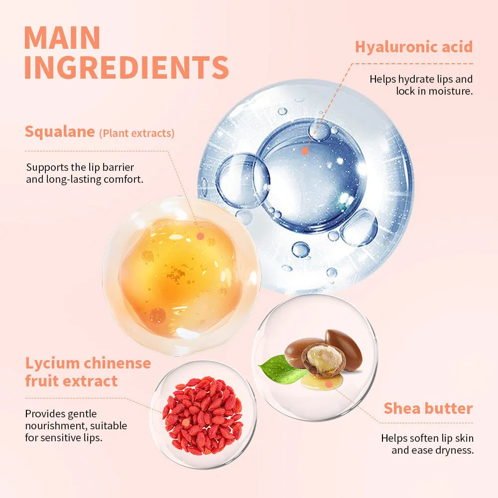 6g squeeze lip balm tube with sweet fruit flavours including Grape, Honeydew, Peach, Strawberry, and Vanilla Frosting.