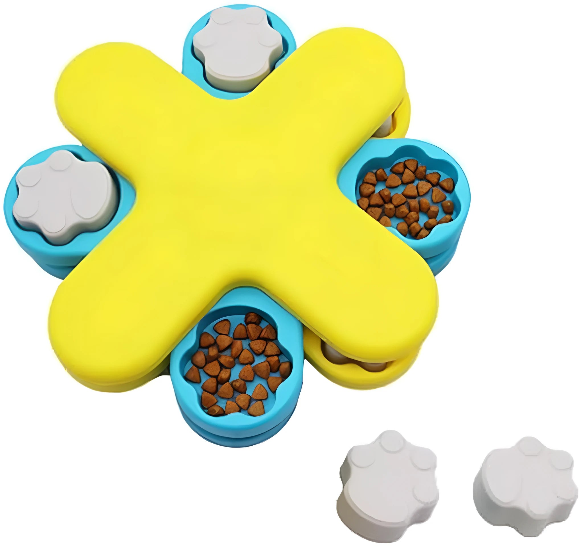 Yellow dog puzzle feeder toy with rotating lids and anti-slip rubber pads on base