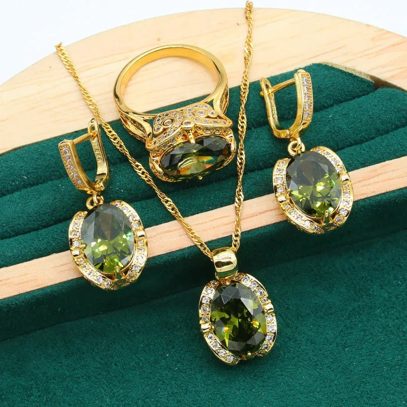 Full rhinestone zircon women's jewellery set with electroplated copper in olive green or red colours