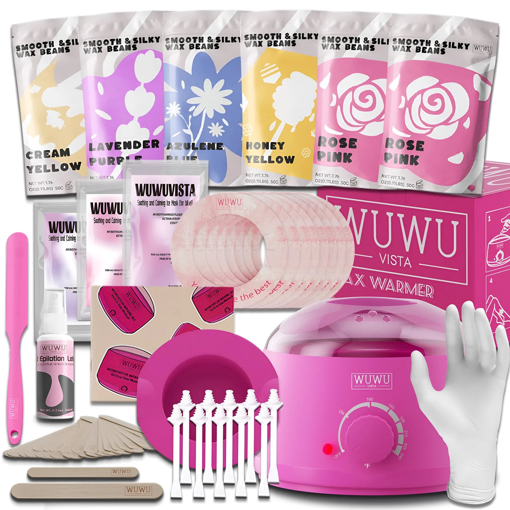 WUWUVISTA 56-piece hard wax hair removal kit with warmer, beads, silicone tools, and aftercare products.