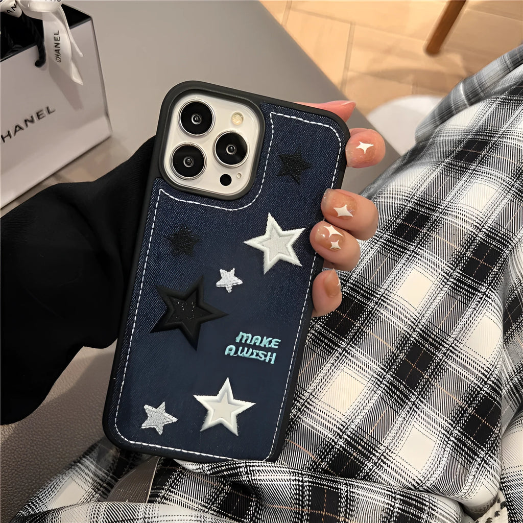 Cowboy embroidery star phone case protector in denim blue for iPhone