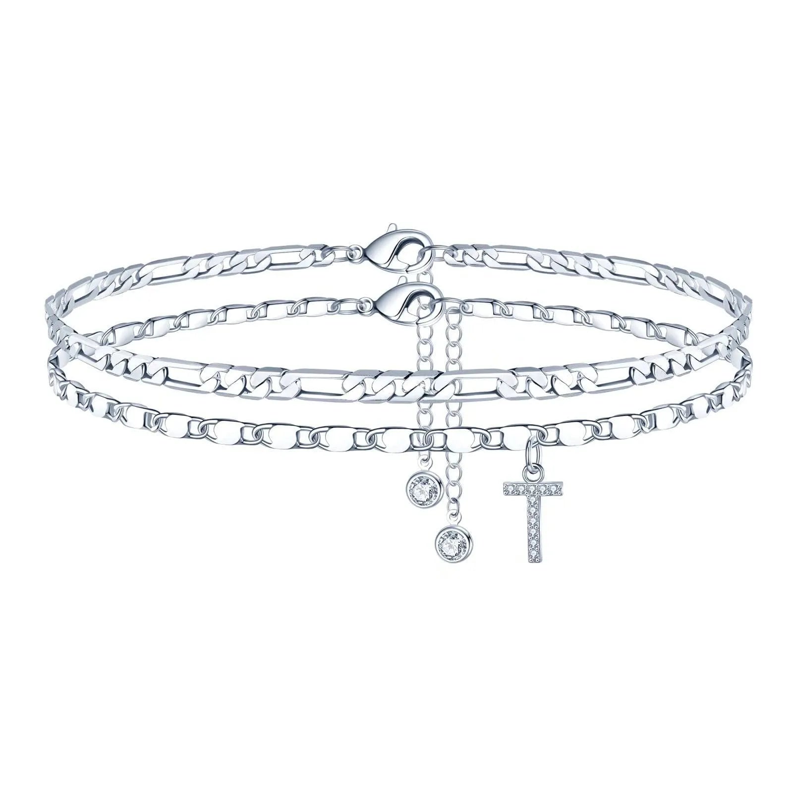 Silver-coloured double-circle bead copper anklet showing alphabet letter modelling on ankle.