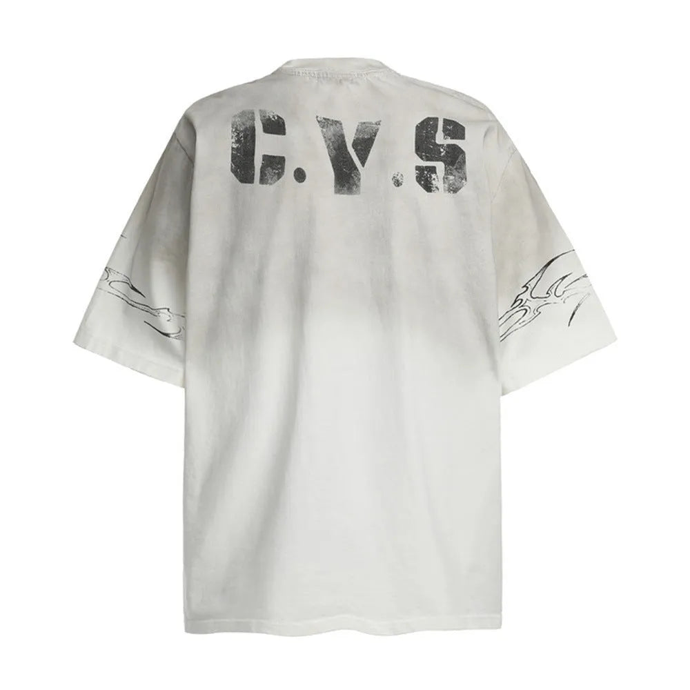 Men's black and white printed short-sleeved cotton t-shirt on a hanger, showing sizes S, M, L, XL.