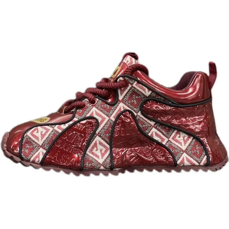 Men's embroidery stitching platform pumps with round toe and lace-up front in beige, black or scarlet colours