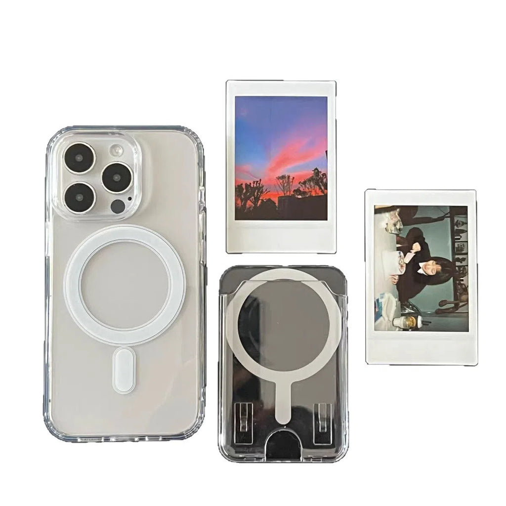 Transparent acrylic iPhone case with white wallet card holder and full-coverage anti-drop cover.